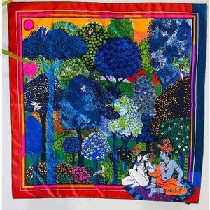 Vintage Ken Scott Silk Scarf Madhubani Krishna Garden